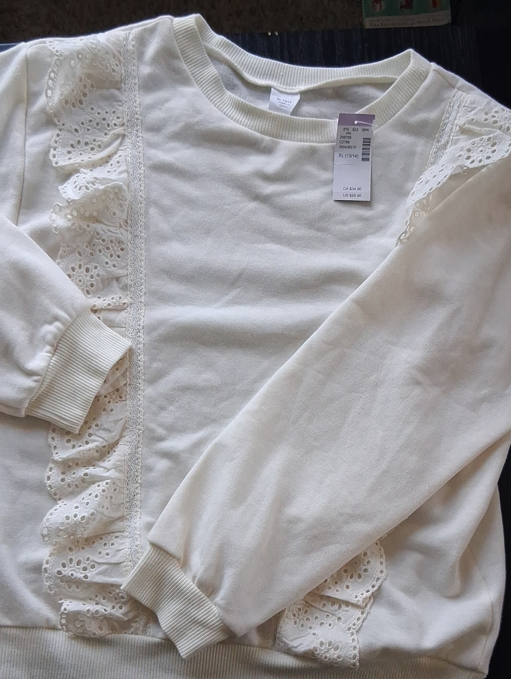 Evsie Girls' Cream Eyelet Ruffle Sweatshirt - Picture 3 of 4
